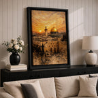 Painting of the Dome of the Rock rising above the historic Jerusalem skyline with its golden dome and surrounding mosque architecture overlooking ancient stone buildings and city walls, set beneath a dramatic swirling sunset sky in a textured painterly style capturing the iconic Al Quds landmark.