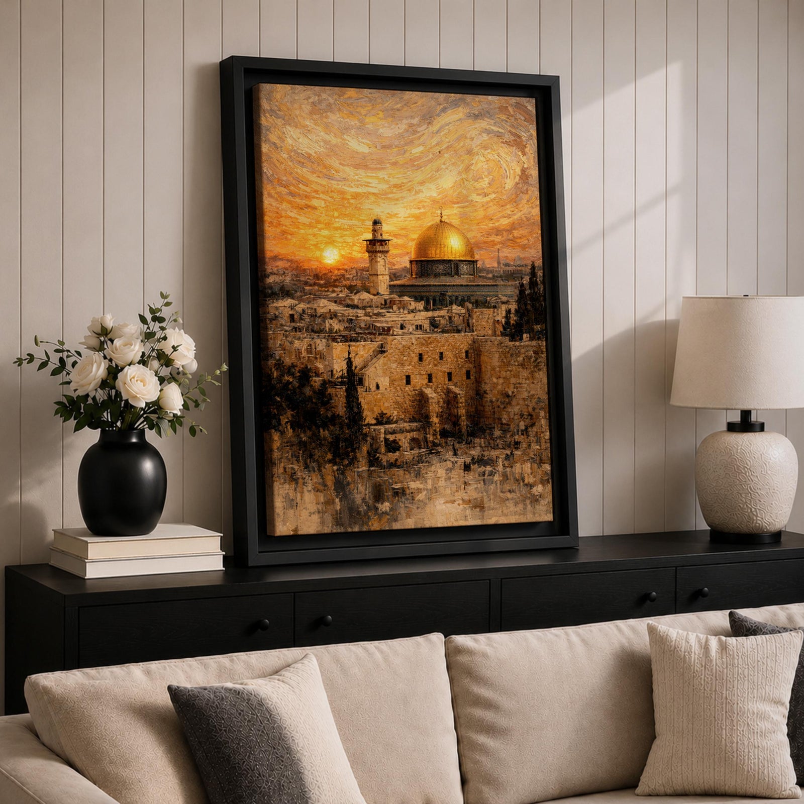 Painting of the Dome of the Rock rising above the historic Jerusalem skyline with its golden dome and surrounding mosque architecture overlooking ancient stone buildings and city walls, set beneath a dramatic swirling sunset sky in a textured painterly style capturing the iconic Al Quds landmark.