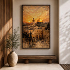 Painting of the Dome of the Rock rising above the historic Jerusalem skyline with its golden dome and surrounding mosque architecture overlooking ancient stone buildings and city walls, set beneath a dramatic swirling sunset sky in a textured painterly style capturing the iconic Al Quds landmark.