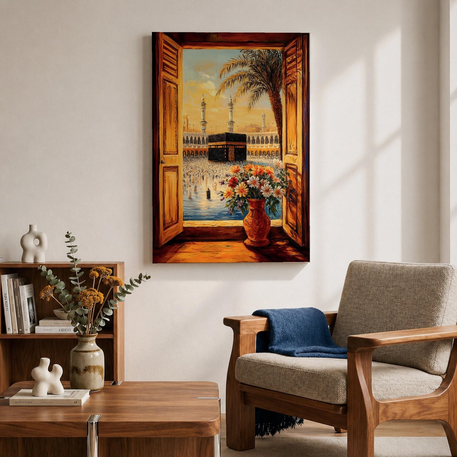 Painting of the Kaaba inside Masjid al Haram seen through open wooden window shutters forming a window view toward the sacred courtyard, with tall mosque minarets rising behind the Kaaba, a palm tree arching across the sky, and a vase of flowers in the foreground overlooking pilgrims gathered around the sanctuary.