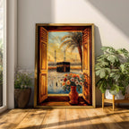 Painting of the Kaaba inside Masjid al Haram seen through open wooden window shutters forming a window view toward the sacred courtyard, with tall mosque minarets rising behind the Kaaba, a palm tree arching across the sky, and a vase of flowers in the foreground overlooking pilgrims gathered around the sanctuary.