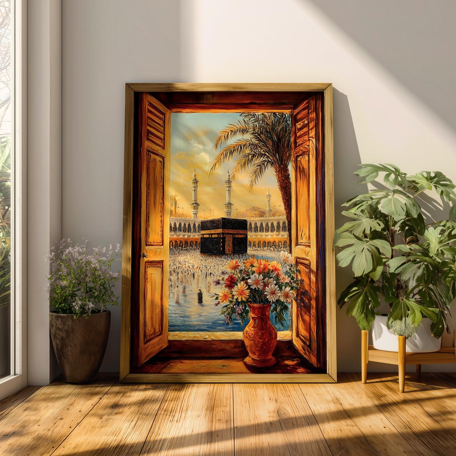 Painting of the Kaaba inside Masjid al Haram seen through open wooden window shutters forming a window view toward the sacred courtyard, with tall mosque minarets rising behind the Kaaba, a palm tree arching across the sky, and a vase of flowers in the foreground overlooking pilgrims gathered around the sanctuary.