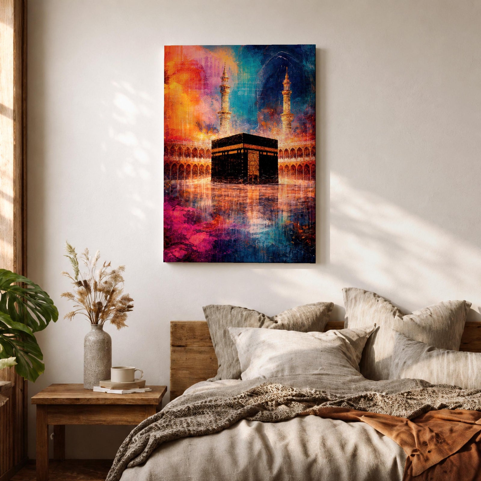Abstract painting of the Kaaba centered in the Masjid al Haram courtyard with tall mosque minarets rising behind the sacred cube, reflected across the polished ground surface while expressive colorful textures fill the sky, blending recognizable Mecca mosque architecture with modern abstract composition.