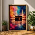 Abstract painting of the Kaaba centered in the Masjid al Haram courtyard with tall mosque minarets rising behind the sacred cube, reflected across the polished ground surface while expressive colorful textures fill the sky, blending recognizable Mecca mosque architecture with modern abstract composition.