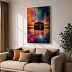 Abstract painting of the Kaaba centered in the Masjid al Haram courtyard with tall mosque minarets rising behind the sacred cube, reflected across the polished ground surface while expressive colorful textures fill the sky, blending recognizable Mecca mosque architecture with modern abstract composition.