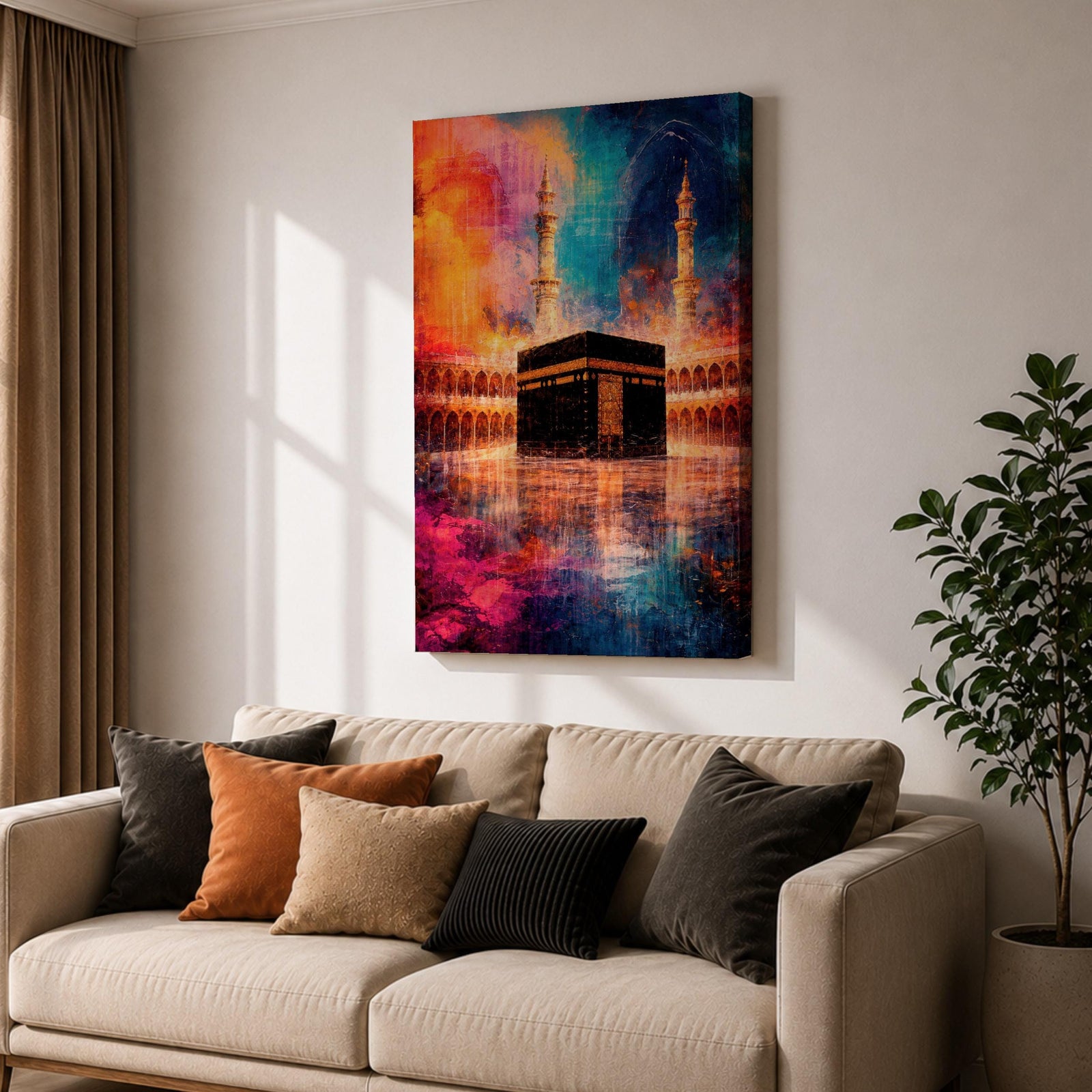 Abstract painting of the Kaaba centered in the Masjid al Haram courtyard with tall mosque minarets rising behind the sacred cube, reflected across the polished ground surface while expressive colorful textures fill the sky, blending recognizable Mecca mosque architecture with modern abstract composition.