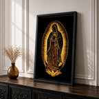 Our Lady of Guadalupe devotional icon showing the Virgin Mary standing in prayer with hands clasped, surrounded by radiant rays and wearing a mantle decorated with stars, positioned above a crescent moon supported by an angel below, following the traditional Catholic Guadalupe apparition imagery used in religious devotional artwork.