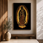 Our Lady of Guadalupe devotional icon showing the Virgin Mary standing in prayer with hands clasped, surrounded by radiant rays and wearing a mantle decorated with stars, positioned above a crescent moon supported by an angel below, following the traditional Catholic Guadalupe apparition imagery used in religious devotional artwork.