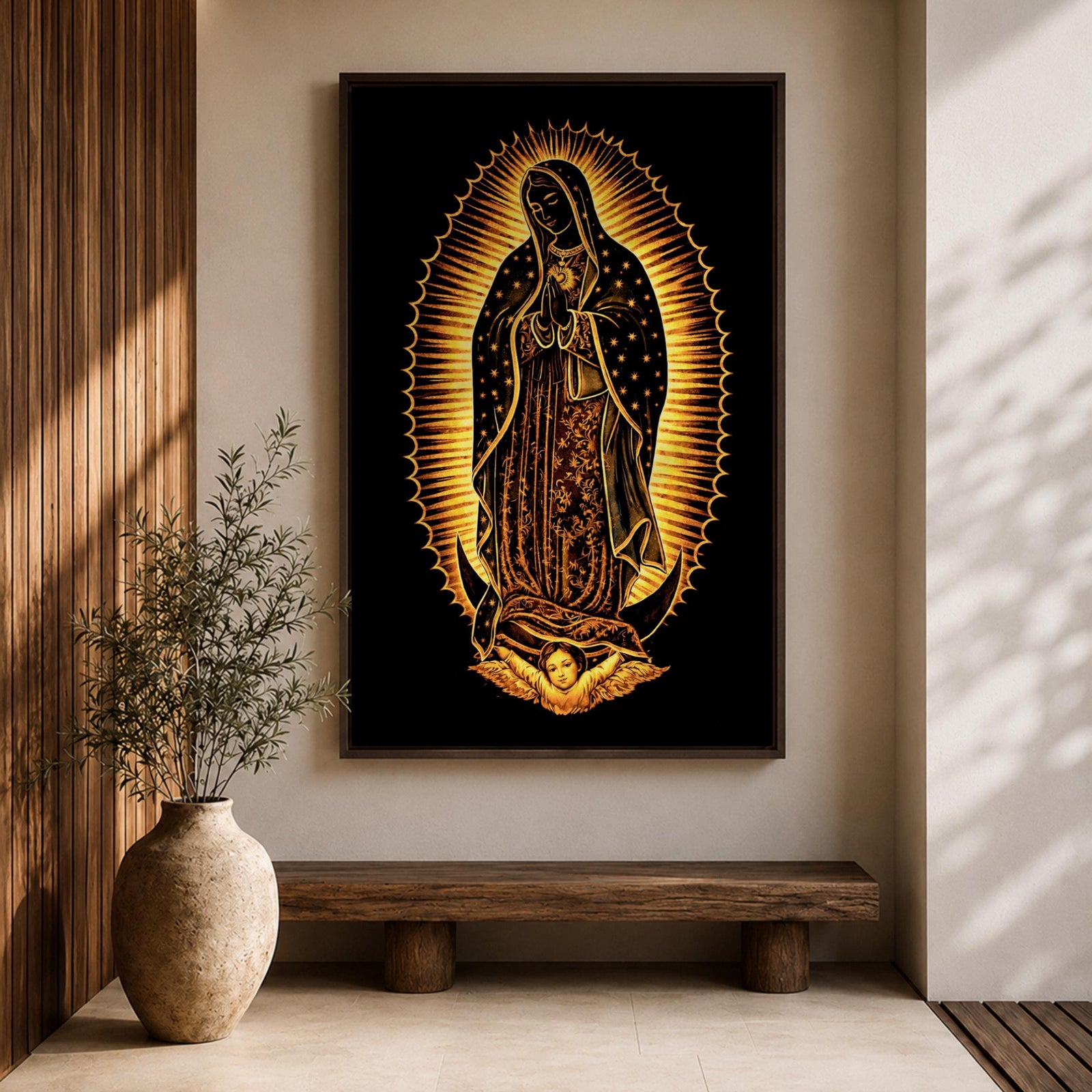 Our Lady of Guadalupe devotional icon showing the Virgin Mary standing in prayer with hands clasped, surrounded by radiant rays and wearing a mantle decorated with stars, positioned above a crescent moon supported by an angel below, following the traditional Catholic Guadalupe apparition imagery used in religious devotional artwork.