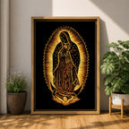 Our Lady of Guadalupe devotional icon showing the Virgin Mary standing in prayer with hands clasped, surrounded by radiant rays and wearing a mantle decorated with stars, positioned above a crescent moon supported by an angel below, following the traditional Catholic Guadalupe apparition imagery used in religious devotional artwork.