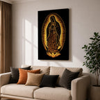 Our Lady of Guadalupe devotional icon showing the Virgin Mary standing in prayer with hands clasped, surrounded by radiant rays and wearing a mantle decorated with stars, positioned above a crescent moon supported by an angel below, following the traditional Catholic Guadalupe apparition imagery used in religious devotional artwork.