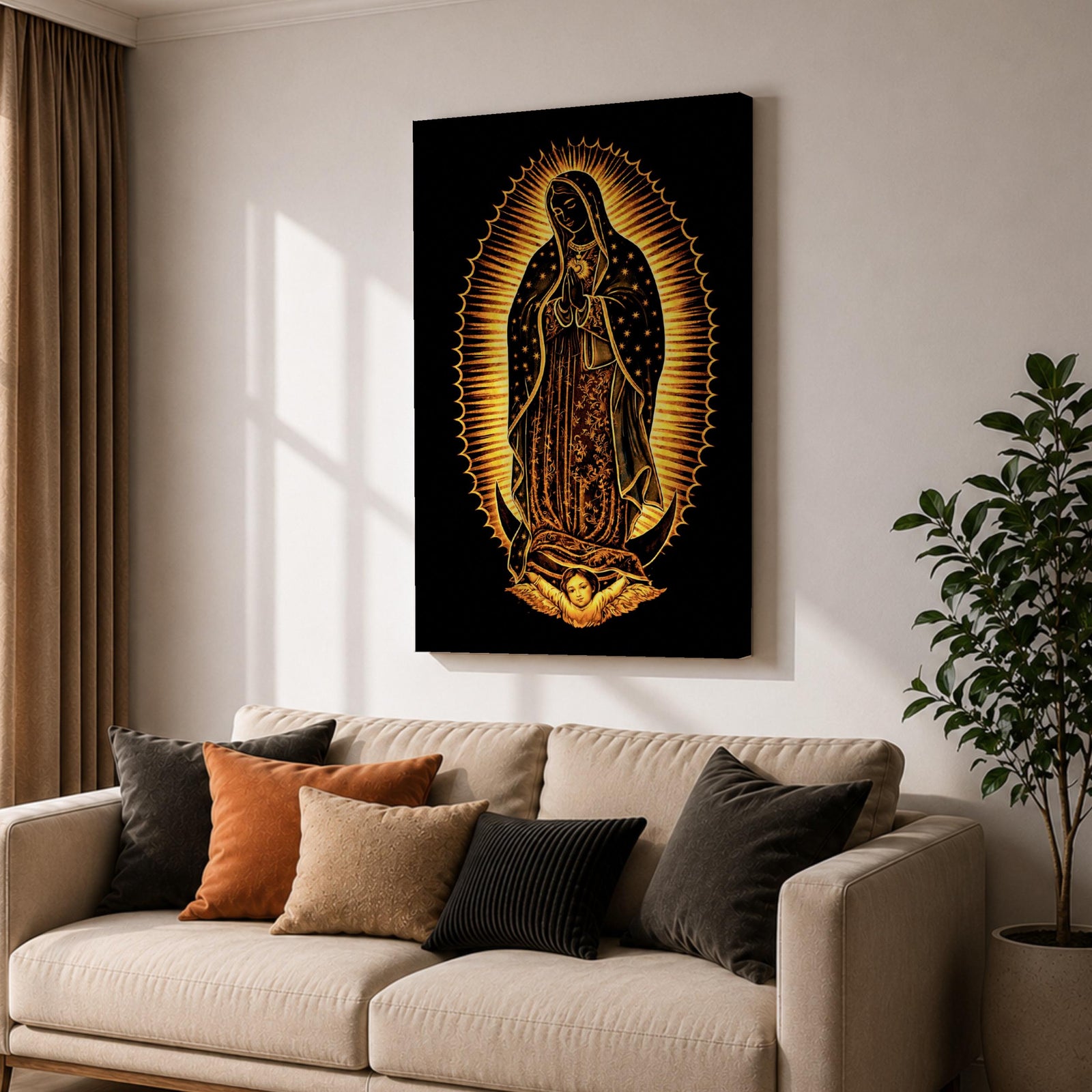 Our Lady of Guadalupe devotional icon showing the Virgin Mary standing in prayer with hands clasped, surrounded by radiant rays and wearing a mantle decorated with stars, positioned above a crescent moon supported by an angel below, following the traditional Catholic Guadalupe apparition imagery used in religious devotional artwork.