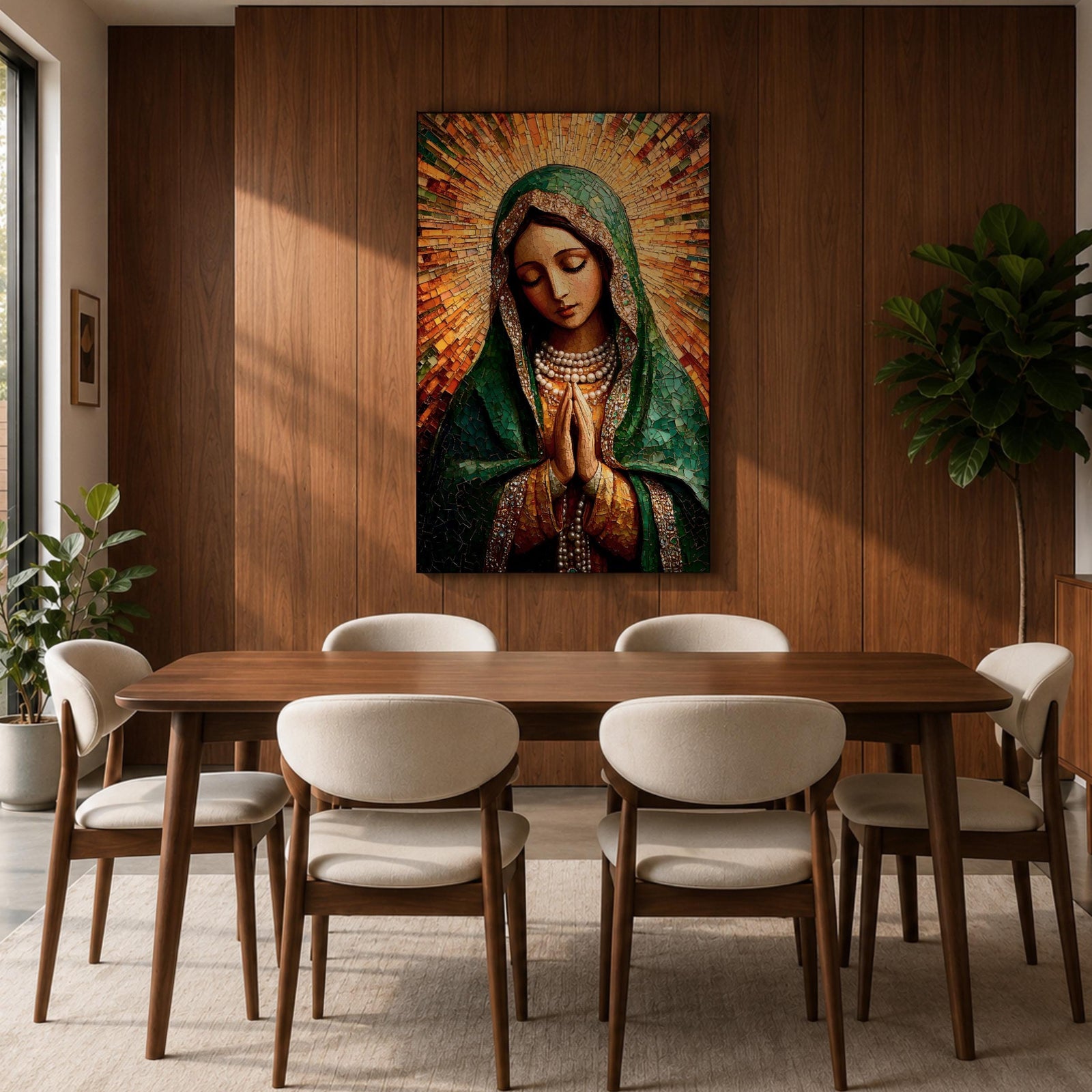 Mosaic style portrait of the Virgin Mary shown with head bowed and hands clasped in prayer, composed of small tile like fragments forming a devotional Catholic image. Radiant rays expand behind her while a detailed veil and necklace are rendered in textured mosaic pieces typical of religious icon artwork.
