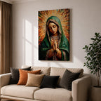 Mosaic style portrait of the Virgin Mary shown with head bowed and hands clasped in prayer, composed of small tile like fragments forming a devotional Catholic image. Radiant rays expand behind her while a detailed veil and necklace are rendered in textured mosaic pieces typical of religious icon artwork.