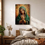Mosaic style portrait of the Virgin Mary shown with head bowed and hands clasped in prayer, composed of small tile like fragments forming a devotional Catholic image. Radiant rays expand behind her while a detailed veil and necklace are rendered in textured mosaic pieces typical of religious icon artwork.