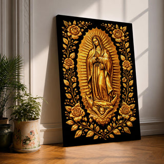 Our Lady of Guadalupe devotional icon depicting the Virgin Mary standing in prayer with hands clasped, surrounded by radiant rays and framed by an ornate floral border. She stands upon a crescent moon supported by an angel below, following traditional Catholic iconography associated with the apparition of Our Lady of Guadalupe.