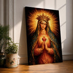 Immaculate Heart of Mary devotional portrait showing the Virgin Mary wearing a crown and veil while holding hands in prayer, with the sacred heart glowing at her chest surrounded by radiant light. The composition follows traditional Catholic iconography emphasizing Marian devotion and the sacred heart symbol associated with the Immaculate Heart.