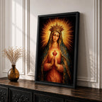 Immaculate Heart of Mary devotional portrait showing the Virgin Mary wearing a crown and veil while holding hands in prayer, with the sacred heart glowing at her chest surrounded by radiant light. The composition follows traditional Catholic iconography emphasizing Marian devotion and the sacred heart symbol associated with the Immaculate Heart.