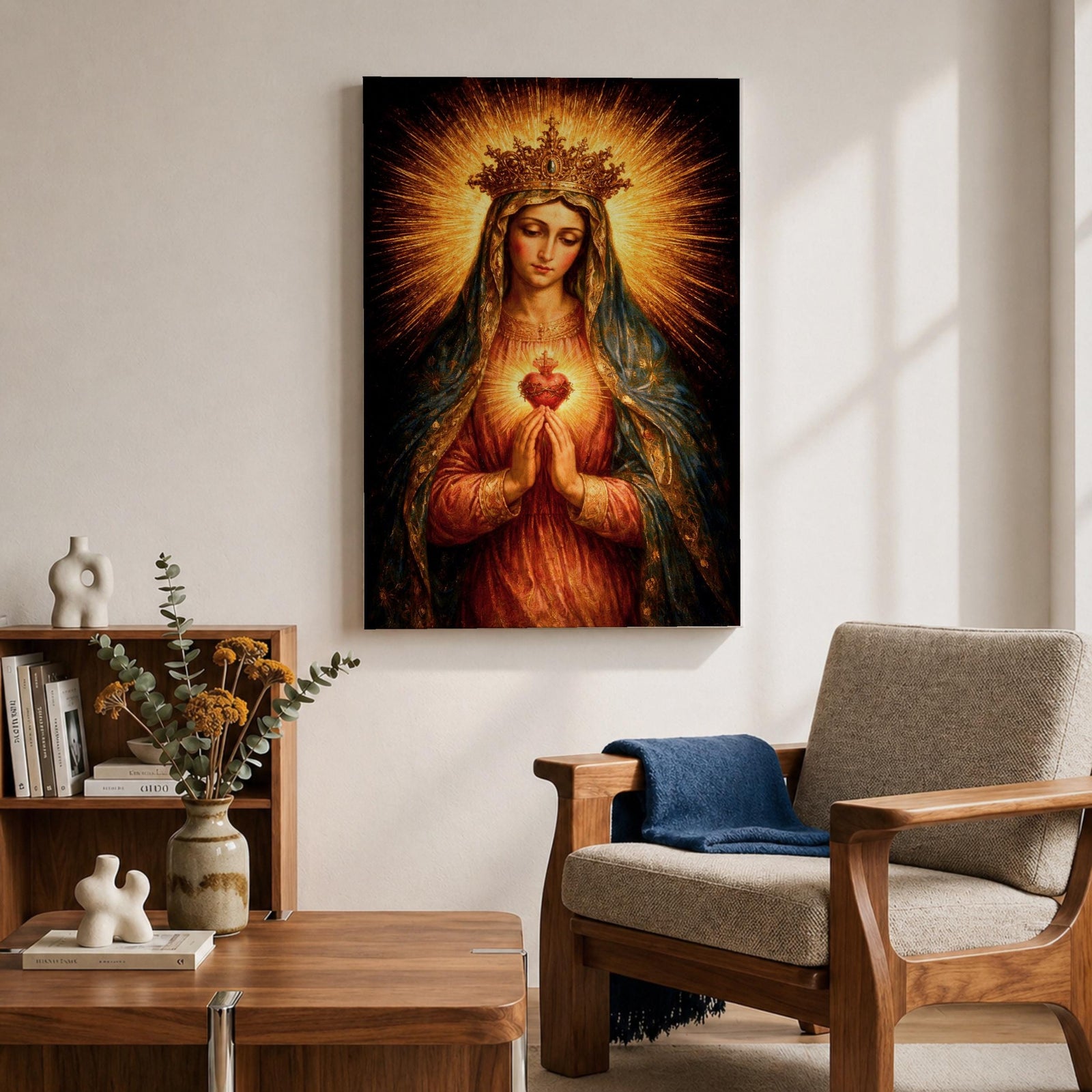 Immaculate Heart of Mary devotional portrait showing the Virgin Mary wearing a crown and veil while holding hands in prayer, with the sacred heart glowing at her chest surrounded by radiant light. The composition follows traditional Catholic iconography emphasizing Marian devotion and the sacred heart symbol associated with the Immaculate Heart.