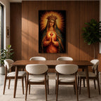 Immaculate Heart of Mary devotional portrait showing the Virgin Mary wearing a crown and veil while holding hands in prayer, with the sacred heart glowing at her chest surrounded by radiant light. The composition follows traditional Catholic iconography emphasizing Marian devotion and the sacred heart symbol associated with the Immaculate Heart.