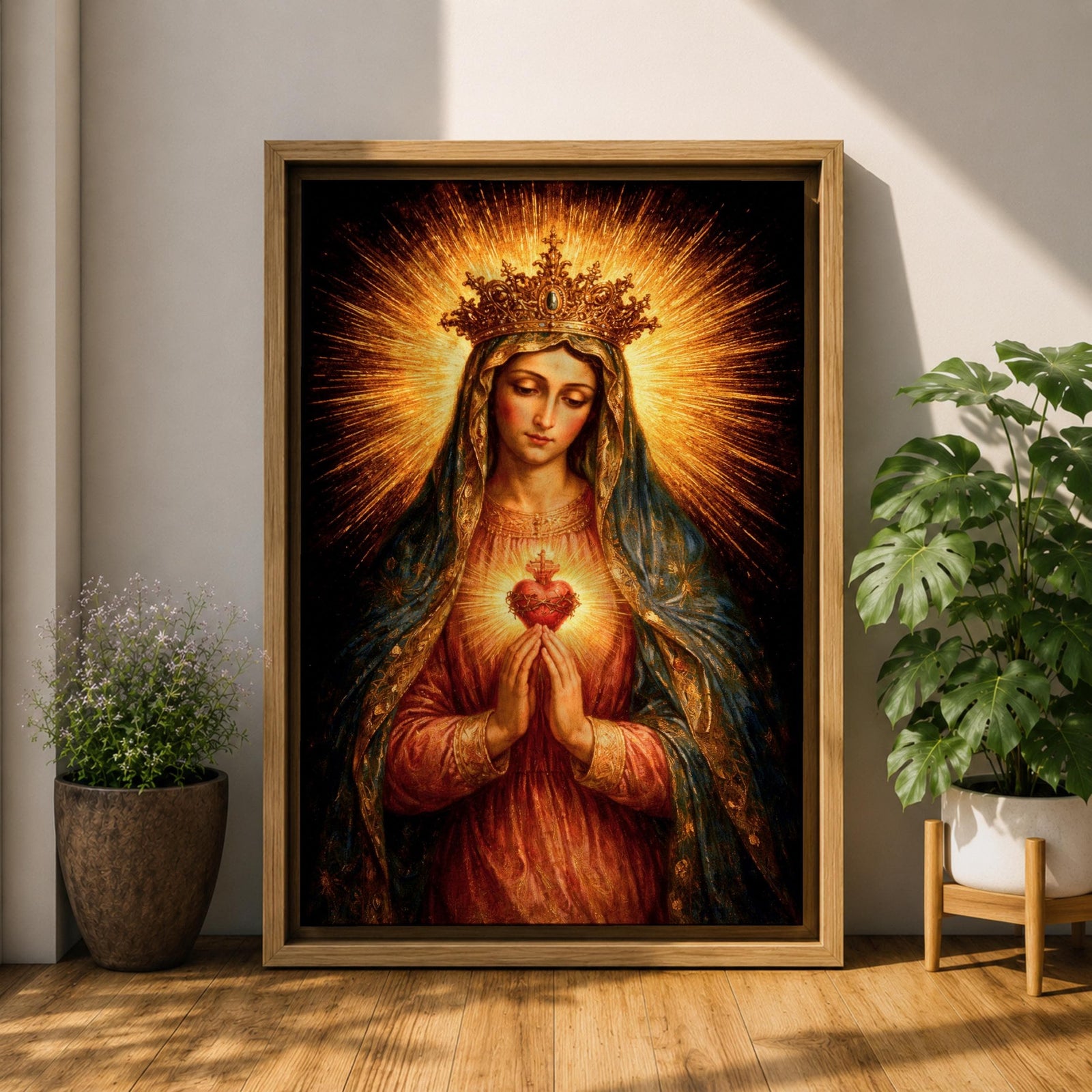 Immaculate Heart of Mary devotional portrait showing the Virgin Mary wearing a crown and veil while holding hands in prayer, with the sacred heart glowing at her chest surrounded by radiant light. The composition follows traditional Catholic iconography emphasizing Marian devotion and the sacred heart symbol associated with the Immaculate Heart.