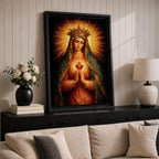 Immaculate Heart of Mary devotional portrait showing the Virgin Mary wearing a crown and veil while holding hands in prayer, with the sacred heart glowing at her chest surrounded by radiant light. The composition follows traditional Catholic iconography emphasizing Marian devotion and the sacred heart symbol associated with the Immaculate Heart.