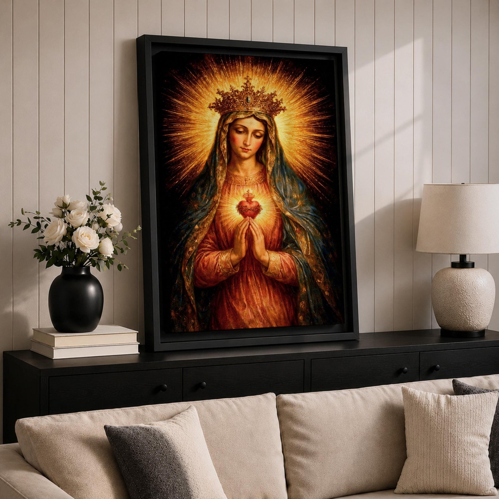 Immaculate Heart of Mary devotional portrait showing the Virgin Mary wearing a crown and veil while holding hands in prayer, with the sacred heart glowing at her chest surrounded by radiant light. The composition follows traditional Catholic iconography emphasizing Marian devotion and the sacred heart symbol associated with the Immaculate Heart.