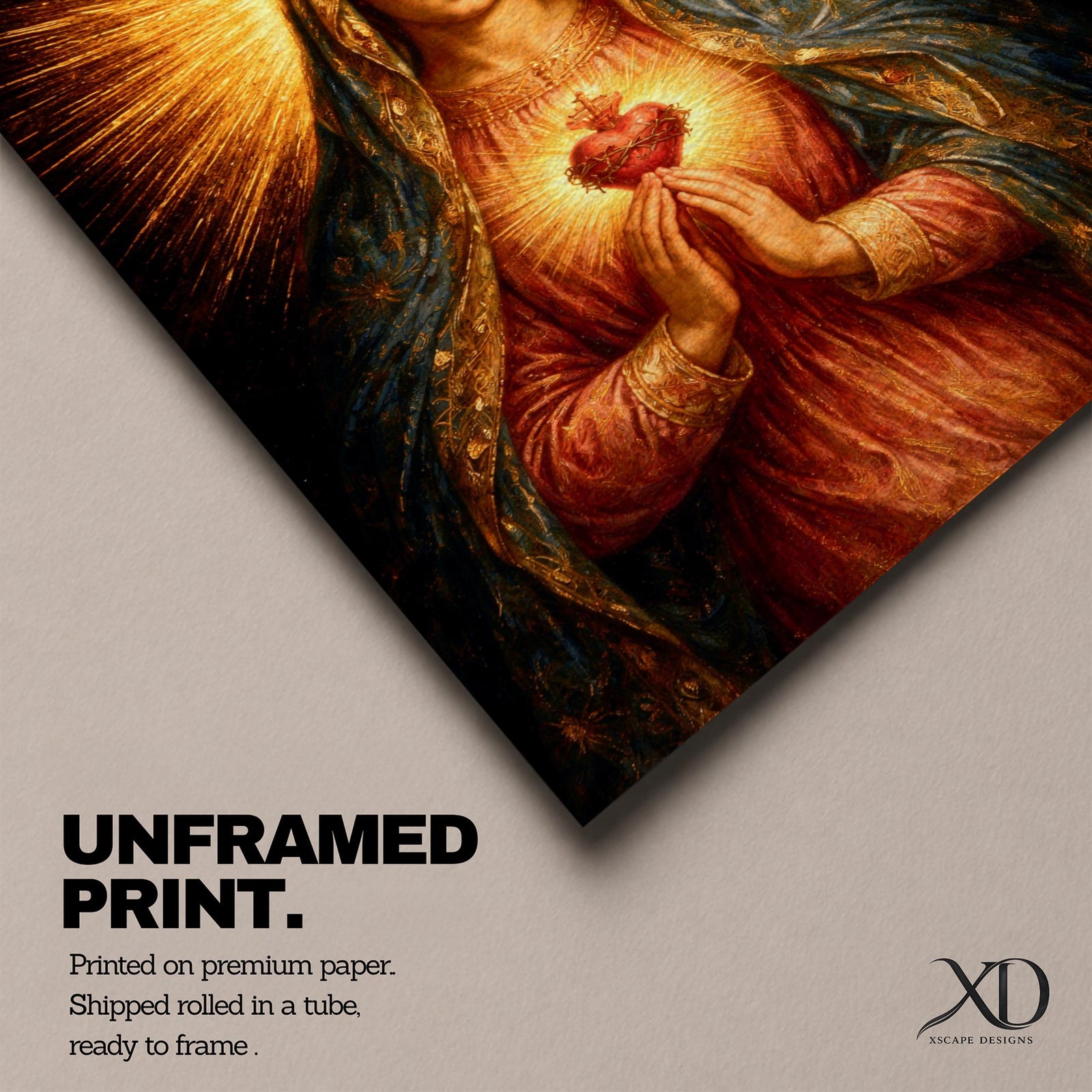 Immaculate Heart of Mary devotional portrait showing the Virgin Mary wearing a crown and veil while holding hands in prayer, with the sacred heart glowing at her chest surrounded by radiant light. The composition follows traditional Catholic iconography emphasizing Marian devotion and the sacred heart symbol associated with the Immaculate Heart.