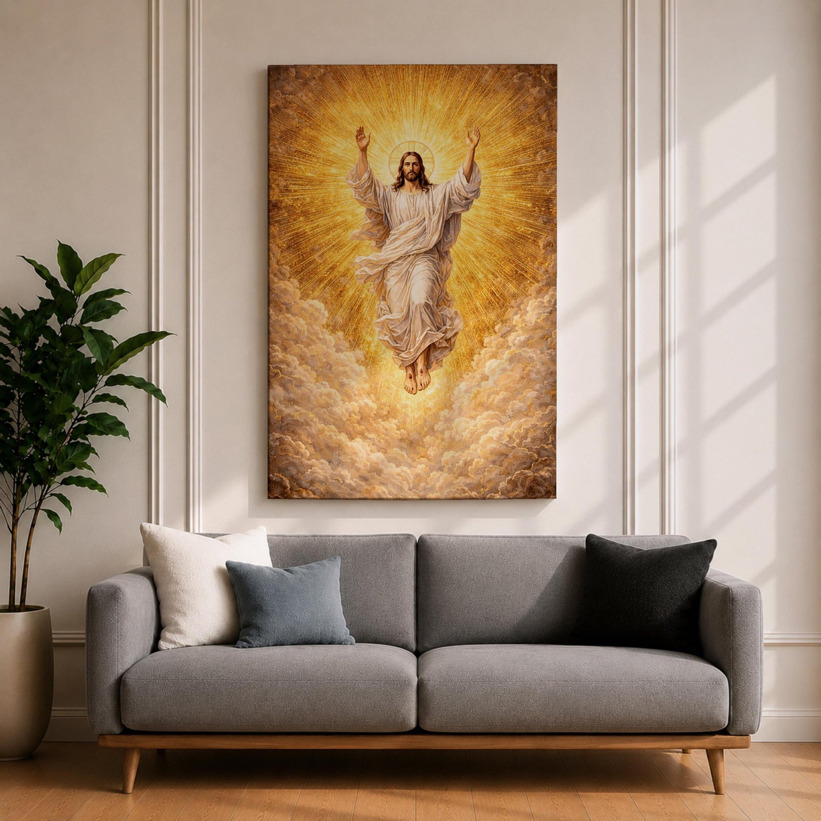 Ascension of Jesus depiction showing Christ rising upward with arms raised above the clouds while radiant light surrounds him, presented in a traditional Christian biblical composition representing the resurrection and ascension of Christ, with flowing robes and a divine halo emphasizing the sacred figure of Jesus.