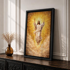 Ascension of Jesus depiction showing Christ rising upward with arms raised above the clouds while radiant light surrounds him, presented in a traditional Christian biblical composition representing the resurrection and ascension of Christ, with flowing robes and a divine halo emphasizing the sacred figure of Jesus.
