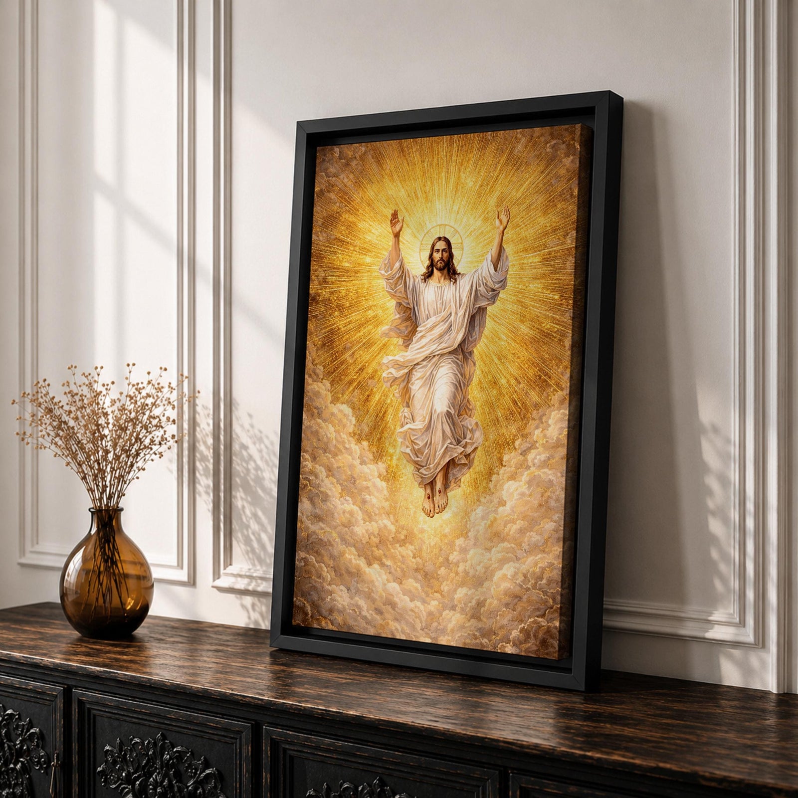 Ascension of Jesus depiction showing Christ rising upward with arms raised above the clouds while radiant light surrounds him, presented in a traditional Christian biblical composition representing the resurrection and ascension of Christ, with flowing robes and a divine halo emphasizing the sacred figure of Jesus.