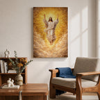 Ascension of Jesus depiction showing Christ rising upward with arms raised above the clouds while radiant light surrounds him, presented in a traditional Christian biblical composition representing the resurrection and ascension of Christ, with flowing robes and a divine halo emphasizing the sacred figure of Jesus.