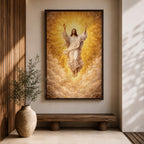 Ascension of Jesus depiction showing Christ rising upward with arms raised above the clouds while radiant light surrounds him, presented in a traditional Christian biblical composition representing the resurrection and ascension of Christ, with flowing robes and a divine halo emphasizing the sacred figure of Jesus.