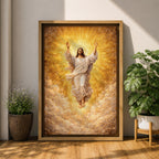 Ascension of Jesus depiction showing Christ rising upward with arms raised above the clouds while radiant light surrounds him, presented in a traditional Christian biblical composition representing the resurrection and ascension of Christ, with flowing robes and a divine halo emphasizing the sacred figure of Jesus.