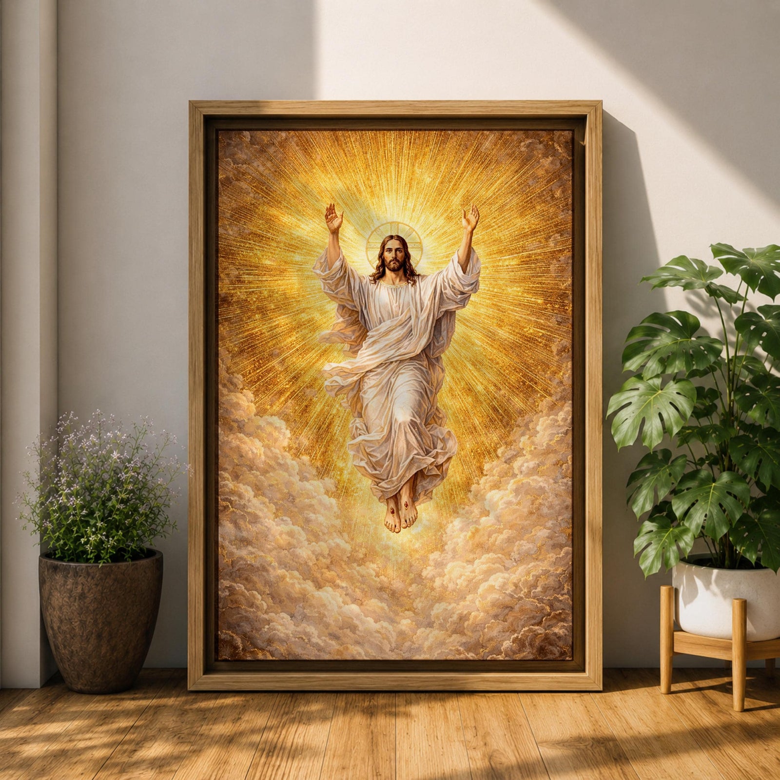 Ascension of Jesus depiction showing Christ rising upward with arms raised above the clouds while radiant light surrounds him, presented in a traditional Christian biblical composition representing the resurrection and ascension of Christ, with flowing robes and a divine halo emphasizing the sacred figure of Jesus.
