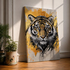 A detailed abstract tiger portrait rendered with bold black lines and golden accents, capturing the fierce gaze and striped fur of the animal. The artwork features dynamic brush strokes and a modern abstract style emphasizing the tiger’s majestic presence and wildlife essence.