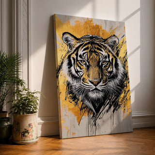 A detailed abstract tiger portrait rendered with bold black lines and golden accents, capturing the fierce gaze and striped fur of the animal. The artwork features dynamic brush strokes and a modern abstract style emphasizing the tiger’s majestic presence and wildlife essence.