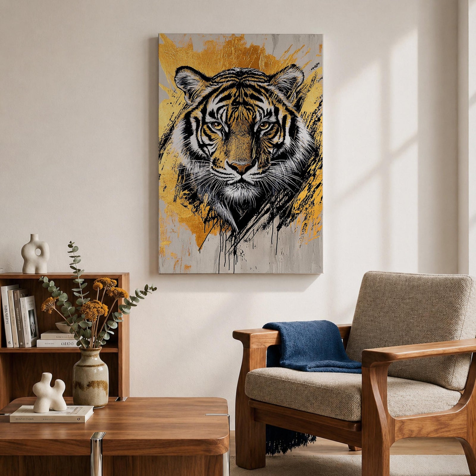 A detailed abstract tiger portrait rendered with bold black lines and golden accents, capturing the fierce gaze and striped fur of the animal. The artwork features dynamic brush strokes and a modern abstract style emphasizing the tiger’s majestic presence and wildlife essence.