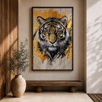 A detailed abstract tiger portrait rendered with bold black lines and golden accents, capturing the fierce gaze and striped fur of the animal. The artwork features dynamic brush strokes and a modern abstract style emphasizing the tiger’s majestic presence and wildlife essence.