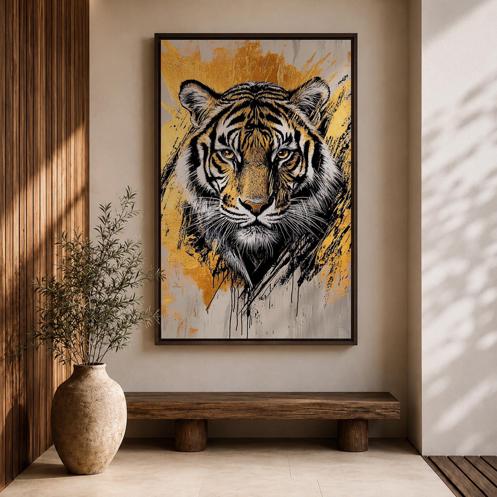 A detailed abstract tiger portrait rendered with bold black lines and golden accents, capturing the fierce gaze and striped fur of the animal. The artwork features dynamic brush strokes and a modern abstract style emphasizing the tiger’s majestic presence and wildlife essence.
