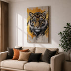 A detailed abstract tiger portrait rendered with bold black lines and golden accents, capturing the fierce gaze and striped fur of the animal. The artwork features dynamic brush strokes and a modern abstract style emphasizing the tiger’s majestic presence and wildlife essence.