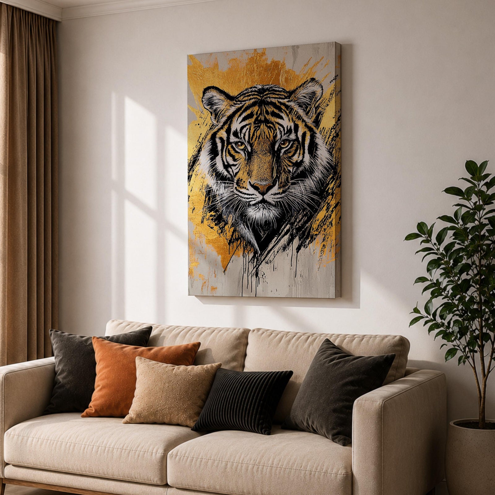 A detailed abstract tiger portrait rendered with bold black lines and golden accents, capturing the fierce gaze and striped fur of the animal. The artwork features dynamic brush strokes and a modern abstract style emphasizing the tiger’s majestic presence and wildlife essence.