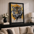 A detailed abstract tiger portrait rendered with bold black lines and golden accents, capturing the fierce gaze and striped fur of the animal. The artwork features dynamic brush strokes and a modern abstract style emphasizing the tiger’s majestic presence and wildlife essence.