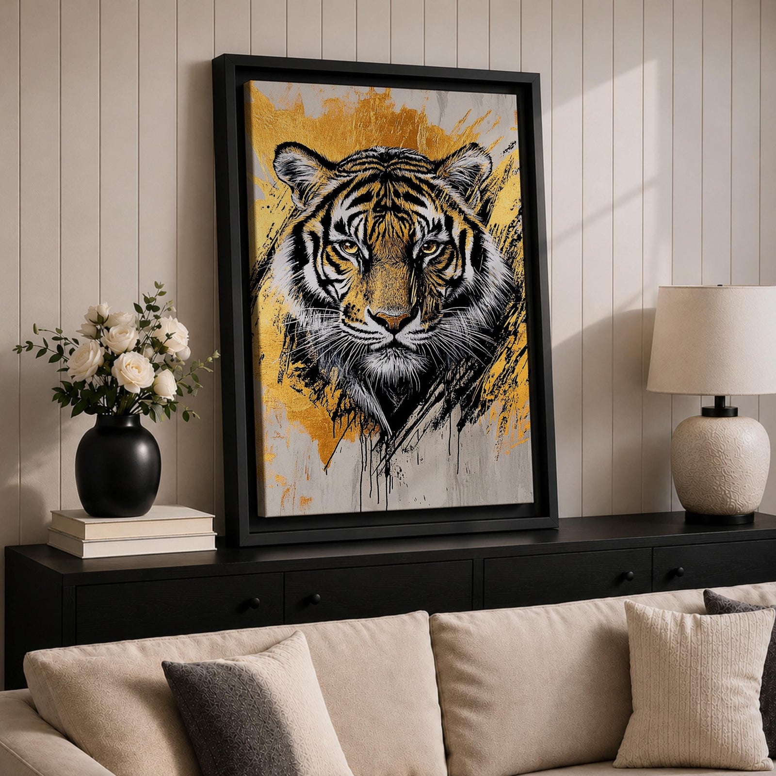 A detailed abstract tiger portrait rendered with bold black lines and golden accents, capturing the fierce gaze and striped fur of the animal. The artwork features dynamic brush strokes and a modern abstract style emphasizing the tiger’s majestic presence and wildlife essence.