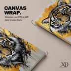 A detailed abstract tiger portrait rendered with bold black lines and golden accents, capturing the fierce gaze and striped fur of the animal. The artwork features dynamic brush strokes and a modern abstract style emphasizing the tiger’s majestic presence and wildlife essence.
