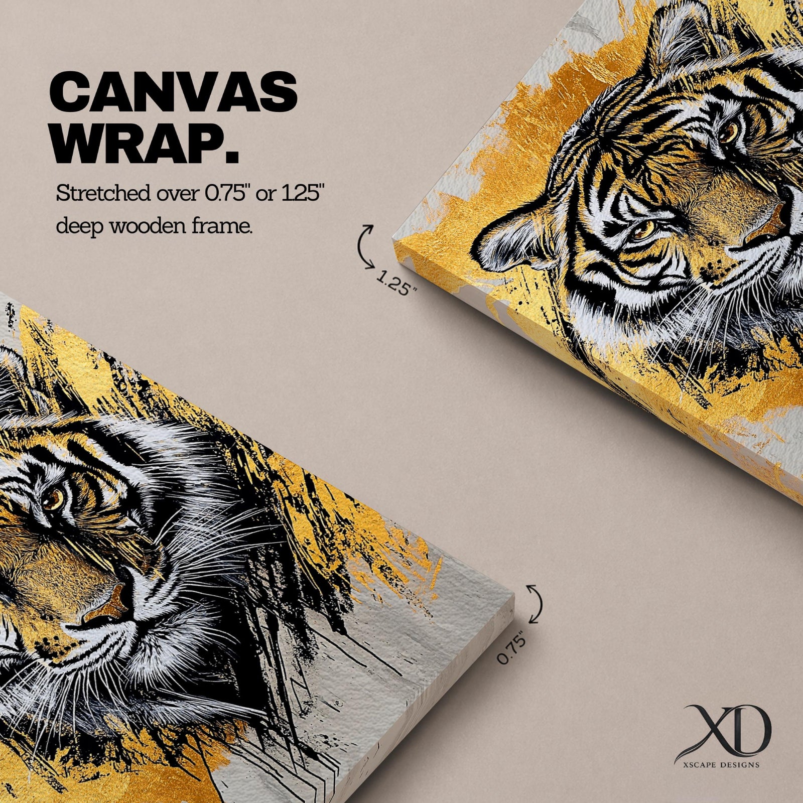 A detailed abstract tiger portrait rendered with bold black lines and golden accents, capturing the fierce gaze and striped fur of the animal. The artwork features dynamic brush strokes and a modern abstract style emphasizing the tiger’s majestic presence and wildlife essence.