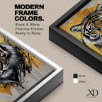 A detailed abstract tiger portrait rendered with bold black lines and golden accents, capturing the fierce gaze and striped fur of the animal. The artwork features dynamic brush strokes and a modern abstract style emphasizing the tiger’s majestic presence and wildlife essence.
