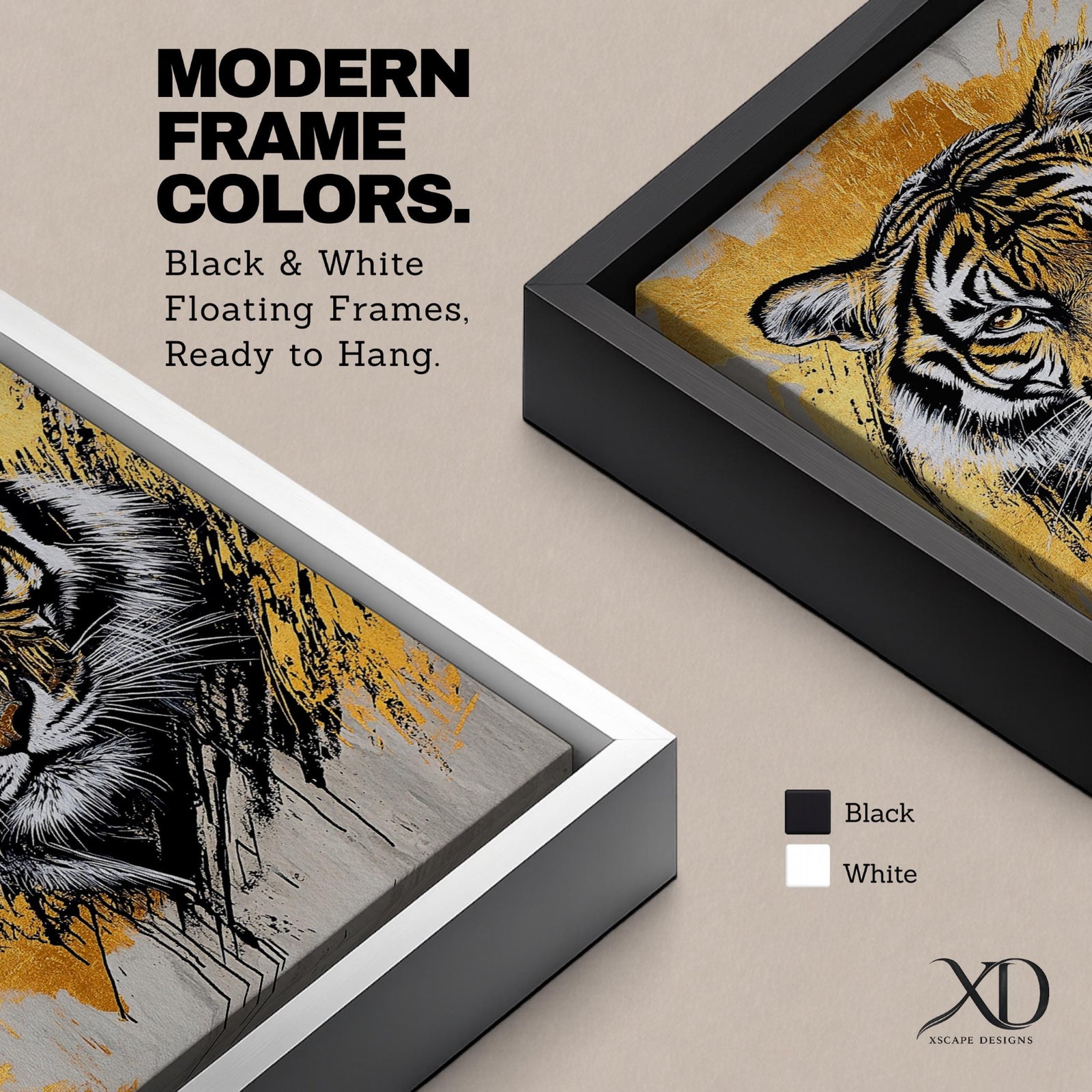 A detailed abstract tiger portrait rendered with bold black lines and golden accents, capturing the fierce gaze and striped fur of the animal. The artwork features dynamic brush strokes and a modern abstract style emphasizing the tiger’s majestic presence and wildlife essence.