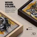 A detailed abstract tiger portrait rendered with bold black lines and golden accents, capturing the fierce gaze and striped fur of the animal. The artwork features dynamic brush strokes and a modern abstract style emphasizing the tiger’s majestic presence and wildlife essence.