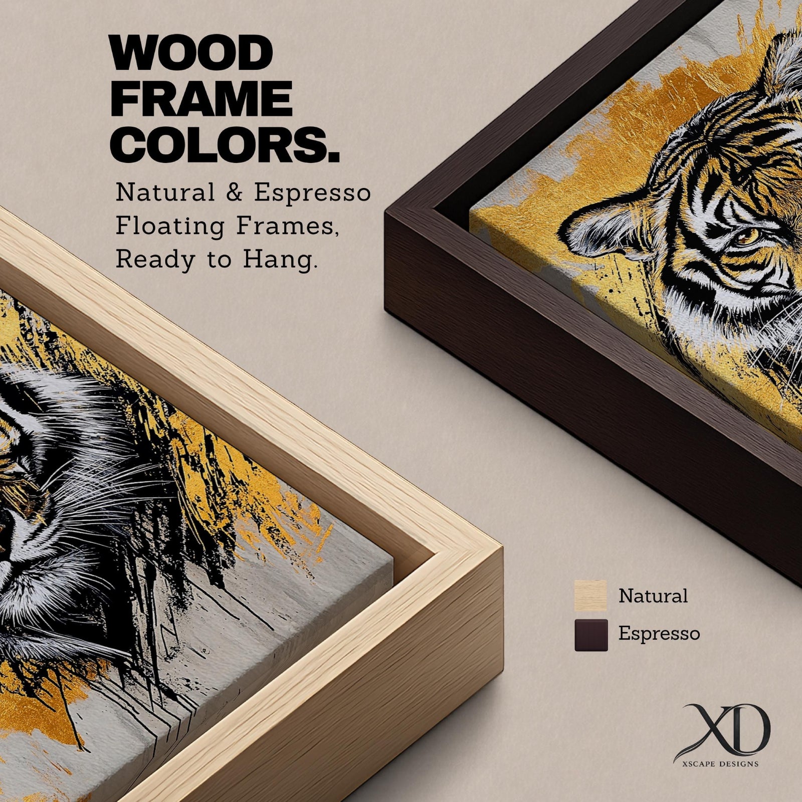 A detailed abstract tiger portrait rendered with bold black lines and golden accents, capturing the fierce gaze and striped fur of the animal. The artwork features dynamic brush strokes and a modern abstract style emphasizing the tiger’s majestic presence and wildlife essence.